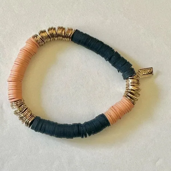 Canvas blue gold tone and peach stretchy clay disc bracelet - Image 2
