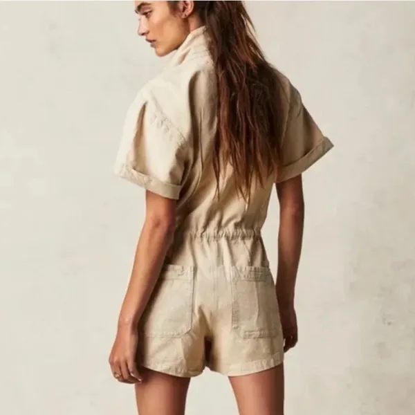 FREE PEOPLE Rhodes Chino Coverall Tan Short-Sleeve‎ Romper Size Large - Image 2