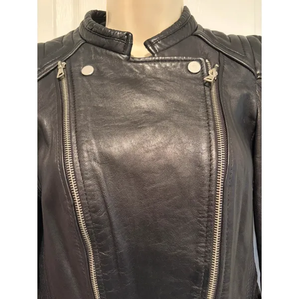 ZARA Trafaluc Genuine Leather Moto Medium Jacket Black Cropped Biker Y2K goth - Image 4