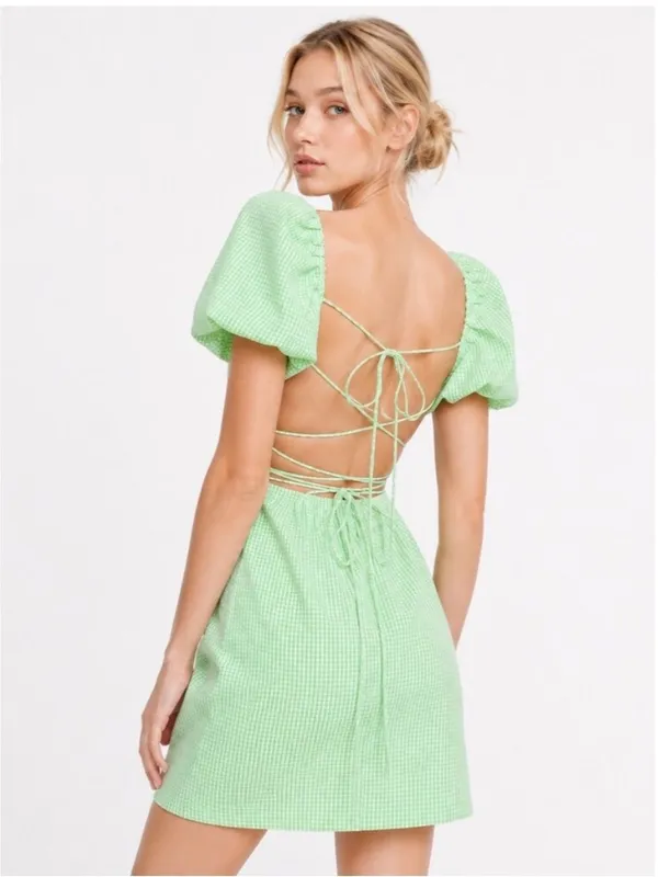 Zara Green Gingham Puff Sleeve Mini Dress in size Medium. - Image 2