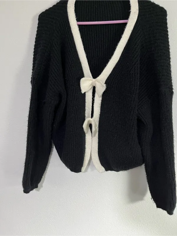 SHEIN Black & Cream Bow-Trim Cardigan Sweater - Women's size M - Image 3