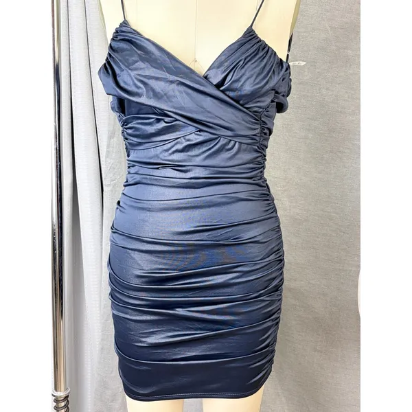 Lucy in the Sky Navy Ruched‎ Bodycon Mini Dress Spaghetti Strap V-Neck Size M - Image 4
