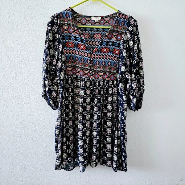 Umgee Navy Boho Aztec Print Mini Dress 3/4 Sleeve Babydoll Tunic Size Medium - Image 5