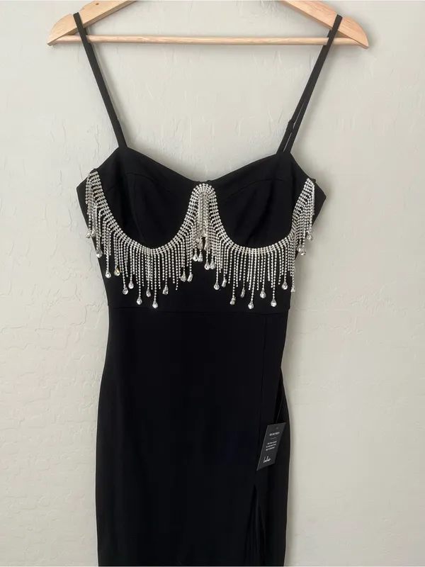 Lulus Divine Extravagance Black Rhinestone Fringe Bustier Maxi Dress Black NEW M - Image 5