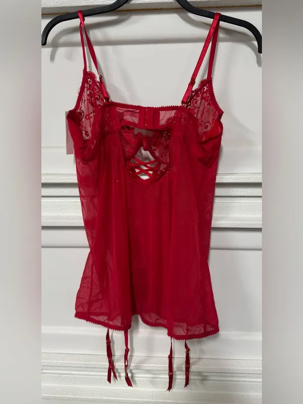 Oh La La Cheri UNLINED UNDERTRE FITTED BABYDOLL ATTACHED GARTER STRAPS 1x/2x Red - Image 3