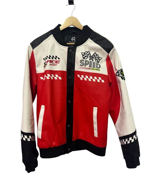 Red and White Racing Bomber Jacket with Checkered Details - Image 3