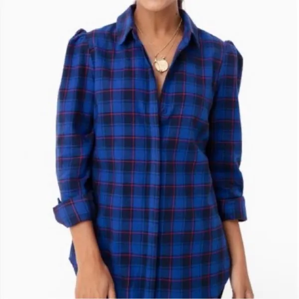 Tuckernuck XS Blue Plaid Puff Shoulder Flannel Shirt Saranac Western Country - Image 2