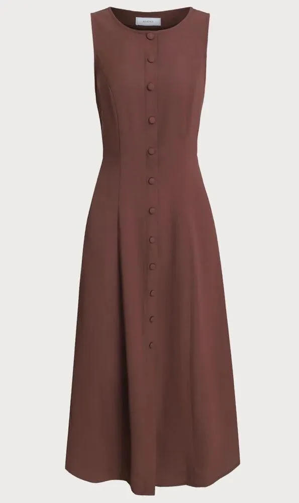 Rihoas Brown Round Neck Button Sleeveless Maxi Dress - Image 6