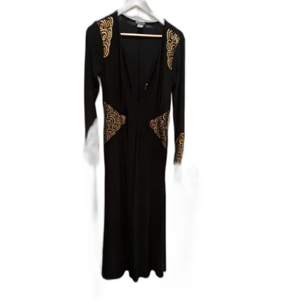 Venus Dress Black Long Sleeve Bodycon Size M With Gold Lace Cutouts - Image 3
