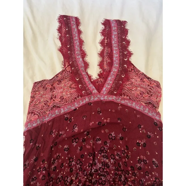 Free People Boho Floral Paisley Midi Dress Burgundy Pink Lace Handkerchief Hem - Image 7