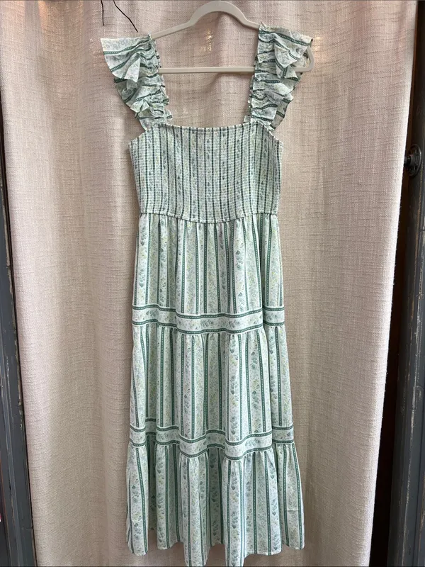 Blu Pepper Stripe Floral Pattern Smocked Tiered Midi Dress Last One Size Large - Image 6