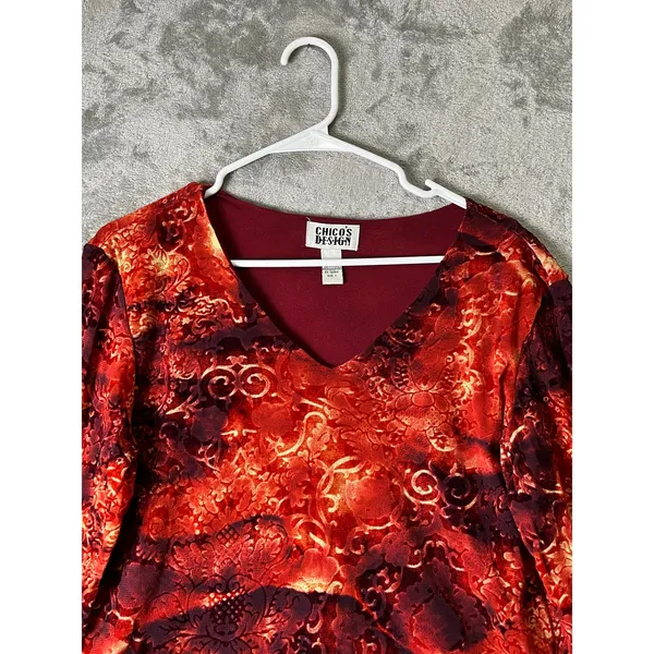 Vintage Y2k Velvet Floral Mesh Top Boho VNeck Long Sleeve Red Orange Medium - Image 2