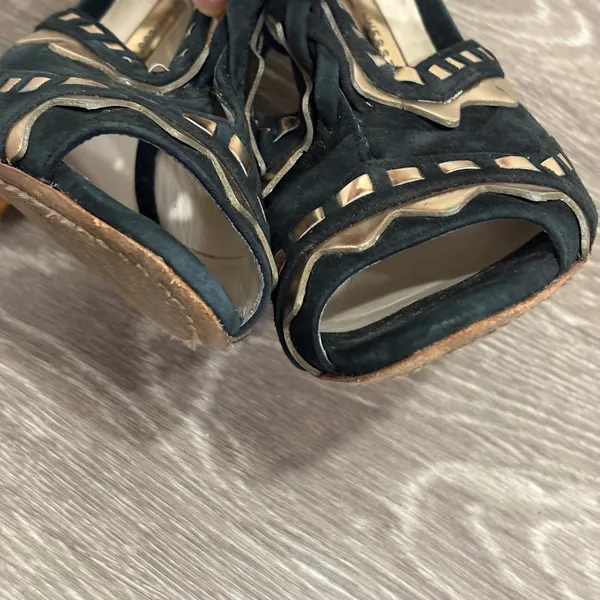 Sophia Webster Riko Black Suede Rose‎ Gold Geometric Peep Toe Stiletto Heels 8 - Image 3