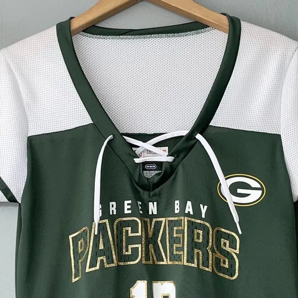NFL Womens Size Medium Green Bay Packers Aaron Rodgers Gold Glitter Lace Up Top - Image 2