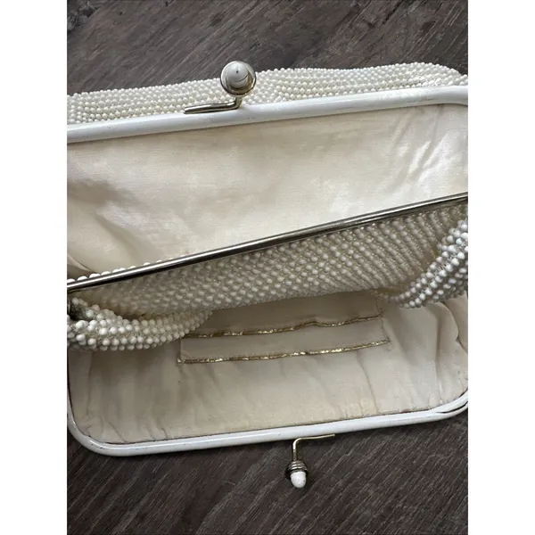 60s Beaded White Handbag Handle Evening Bag Purse USA Two Sided - Image 10