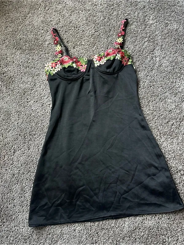 NanaMacs Black Mini Dress with Pink & Green Floral Appliqué - Image 2