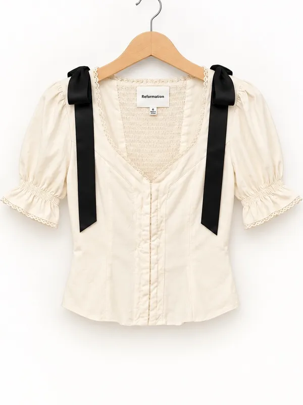 Reformation Inara Top Cream Gossamer Puff Sleeve Black Ribbon Bow Top Size 0 - Image 4