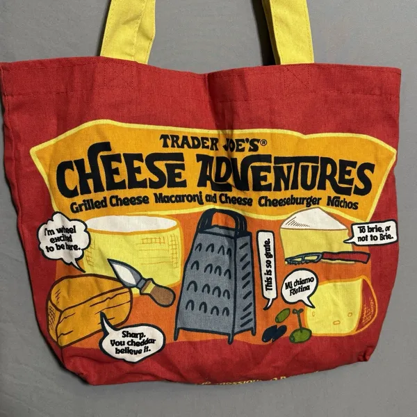 Trader Joe's Shopping Bag Tote Fabric‎ Reusable Cheese Adventures Red Yellow - Image 3