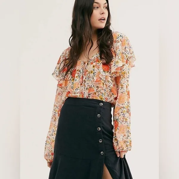 Free People Ivory And Coral Say It To Me Floral Body Suit - Image 3