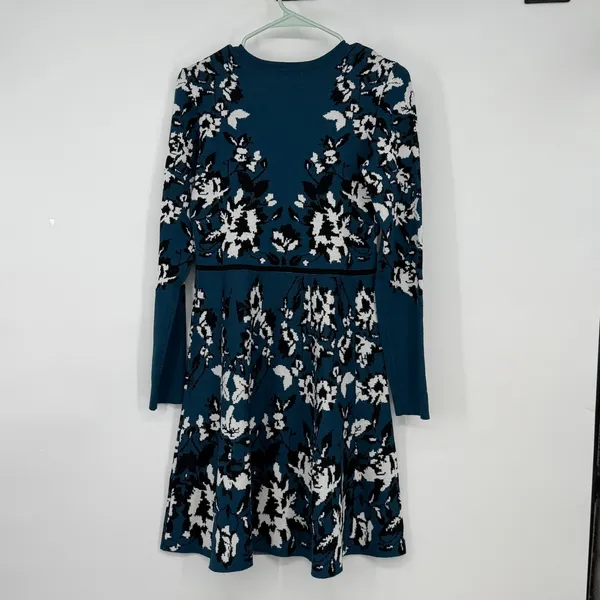Eliza J Teal Blue Floral Knit Long Sleeve Fit‎ & Flare Sweater Dress Medium - Image 2