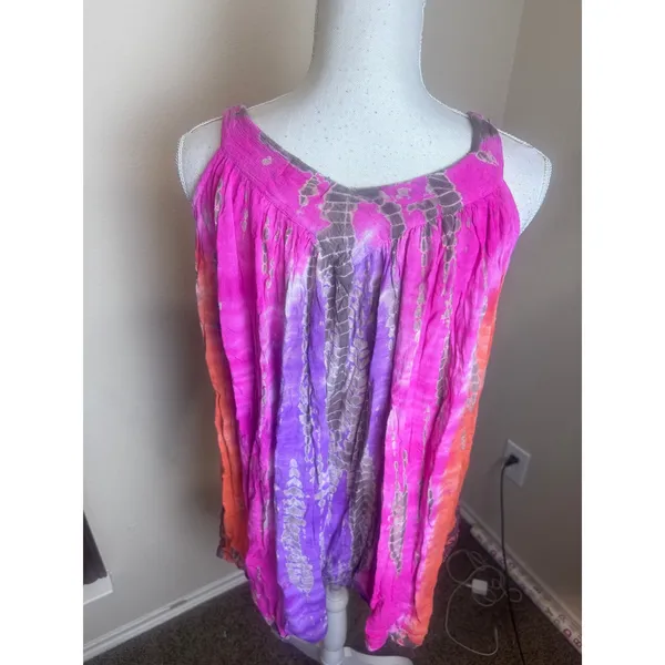 Sol Flower Tie Dye Tank Top Pink Purple Orange Rayon Boho Festival Tunic Free - Image 4