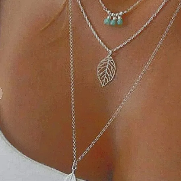 NEW‎ Boho Silver Multilayer Turquoise Leaf Necklace, 16-18” - Image 8