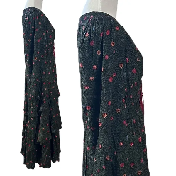 Free People Bohemian Gypsy Tiered Ruffle Maxi Dress Size Medium Witchy Plunge - Image 7