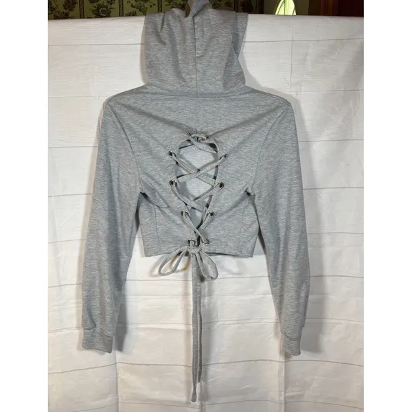 Shein Womens Cropped Hoodie Size Medium Gray Ties on‎ Back Long Sleeve - Image 2