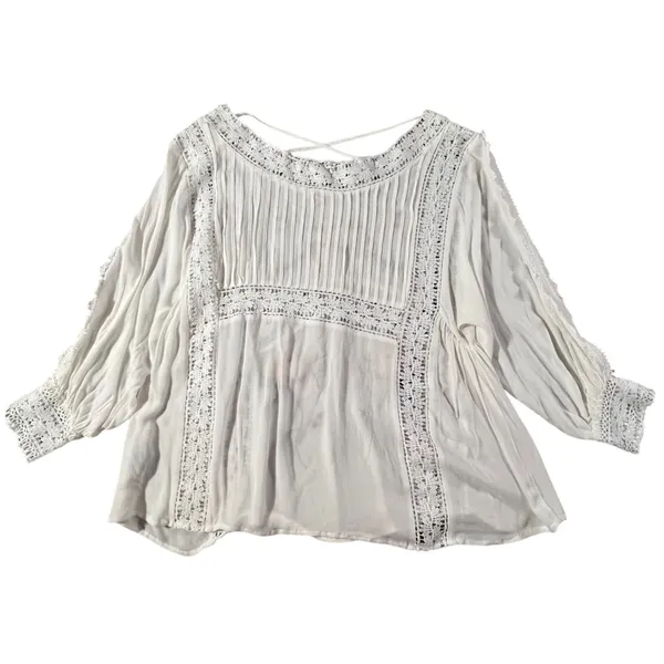 POL Embroidered Floral Lace Blouse Women‎ S White WFT45 Boho Crochet Pintuck Top - Image 3