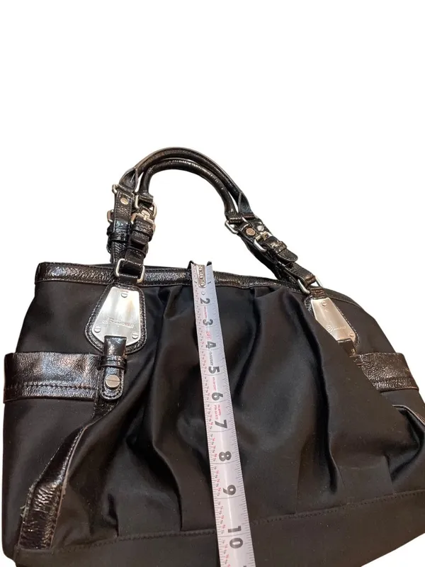 B Makowsky wms Vtg black leather canvas silver hobo shoulder handbag SKU 10537 - Image 8