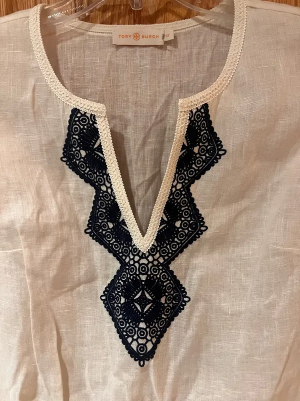 Tory Burch Margarita‎ Cream Linen Tunic Cover-Up Navy Blue Embroidery Size XS - Image 4