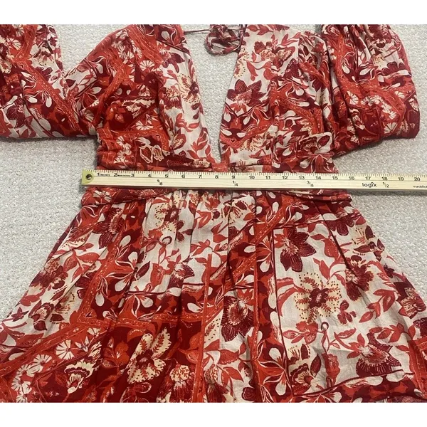 Free People Red Cream Floral V-Neck Long Balloon Sleeve Romper S Rayon - Image 11