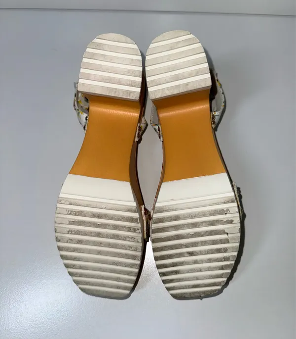 Madden Girl Caprise Block Heel Sandals White Yellow Floral - Image 9