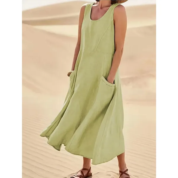 Sleeveless 100% Cotton Midi Dress with Pockets Light Green size 14 - Image 3