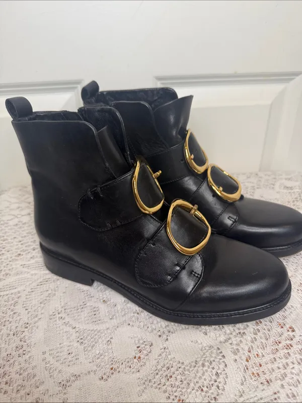 Maje Felipe Moto black with chunky Gold Buckles ankle boots sz 7 - Image 3