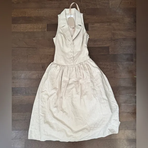 Meshki Valery Midi linen drop waist collared sleeveless button detail dress NWT - Image 2
