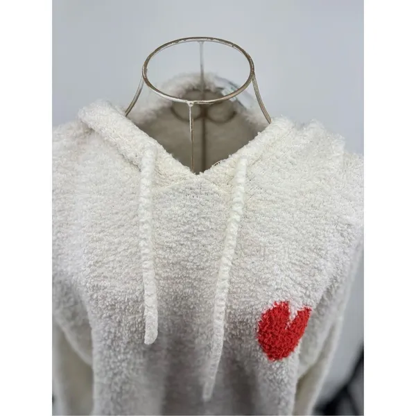 Aerie Fleece Hoodie Sweatshirt Heart Detail Cream Size Medium - Image 9