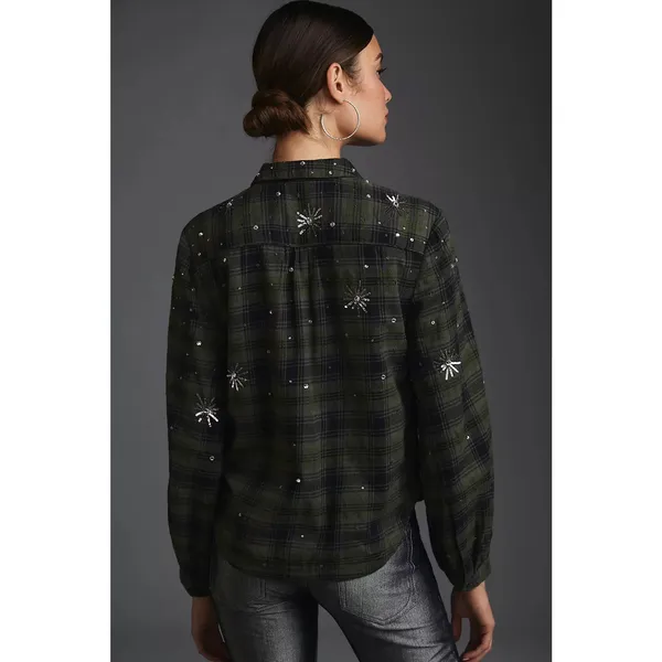 Pilcro Anthropologie Embroidered Sequin Plaid Flannel Shirt Size Small - Image 2