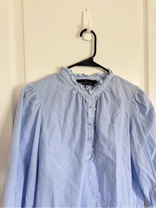 Tuckernuck Pomander Place Light Blue Pinstripe Ruffle Popover Blouse - Image 2