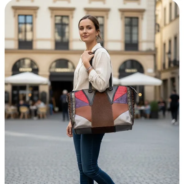 Colorful Patchwork Leather Tote Red - Image 3