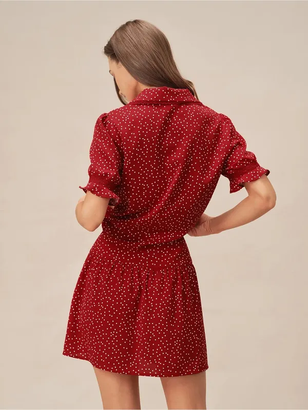 Rihoas Red Puffed Sleeve Polka Dot Collar Blouse - Image 5