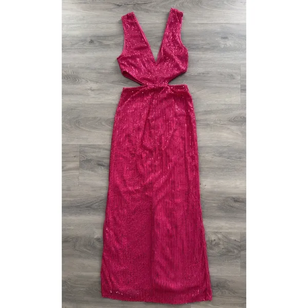 Just Quella Women's Hot Pink Sequins Deep V Neck Side Cutouts Long Formal Dress Size 0-2 - Image 6