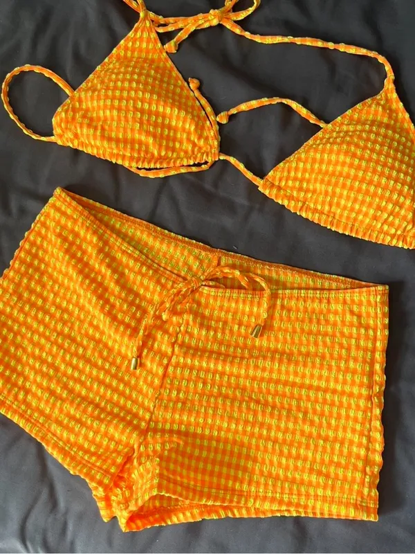 Women’s Orange Checked gingham boy Short bikini Size M Size M - Image 6