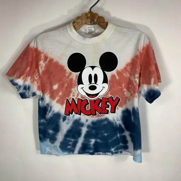 Gildan Mickey Mouse Cropped Tie Dyed RWB T Shirt Medium+ - Image 5