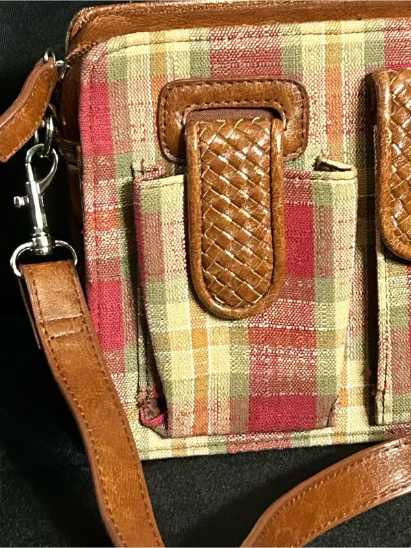 Vintage Longaberger Red, Green, Tan Plaid Crossbody Purse - Image 4