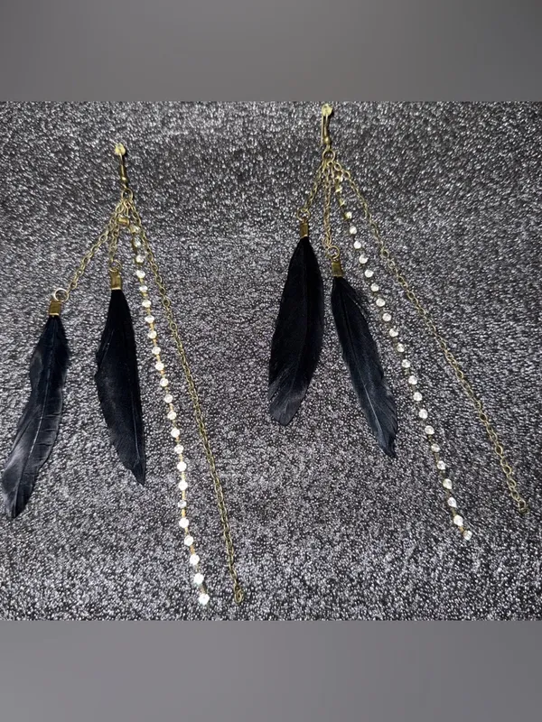 Gold Chain & Black Feather Drop Earrings with Rhinestones - Image 4