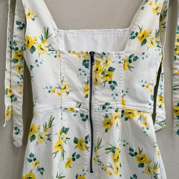 Alice + Olivia Maryann Tie Shoulder Mini Dress Yellow Floral White Denim Size 0 - Image 5