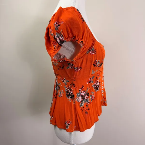 Free People Close To You Orange Floral Puff Sleeve Smocked Peplum Top Small - Image 3