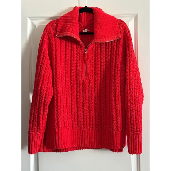 Aerie Red Cable Car Quarter‎ Zip Sweater Medium - Image 5