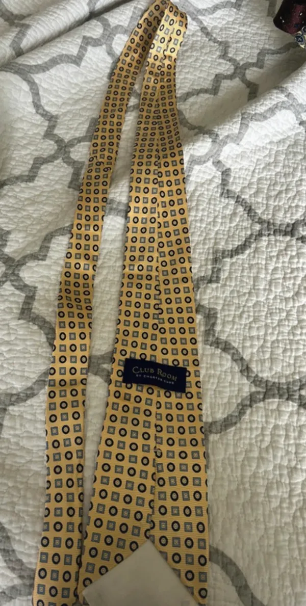 Club Room Gold/Blue Geometric Abstract Men’s Designer Tie w/ Logo Accent - Image 3